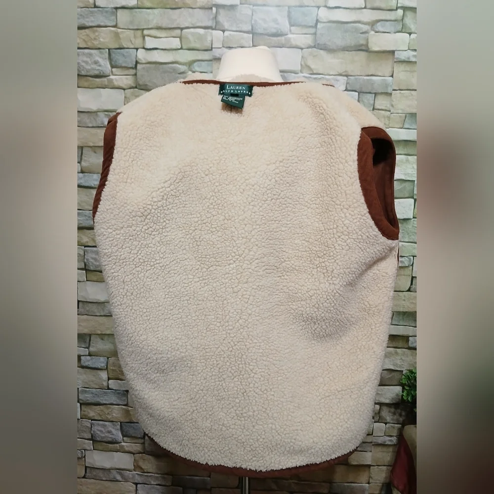 Lauren Ralph Lauren Brown Faux Suede Hooded Vest Sherpa Lining Large Cottagecore - Picture 4 of 5